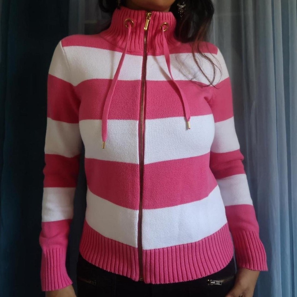 Striped Zip-Front Knit Turtleneck Sweater